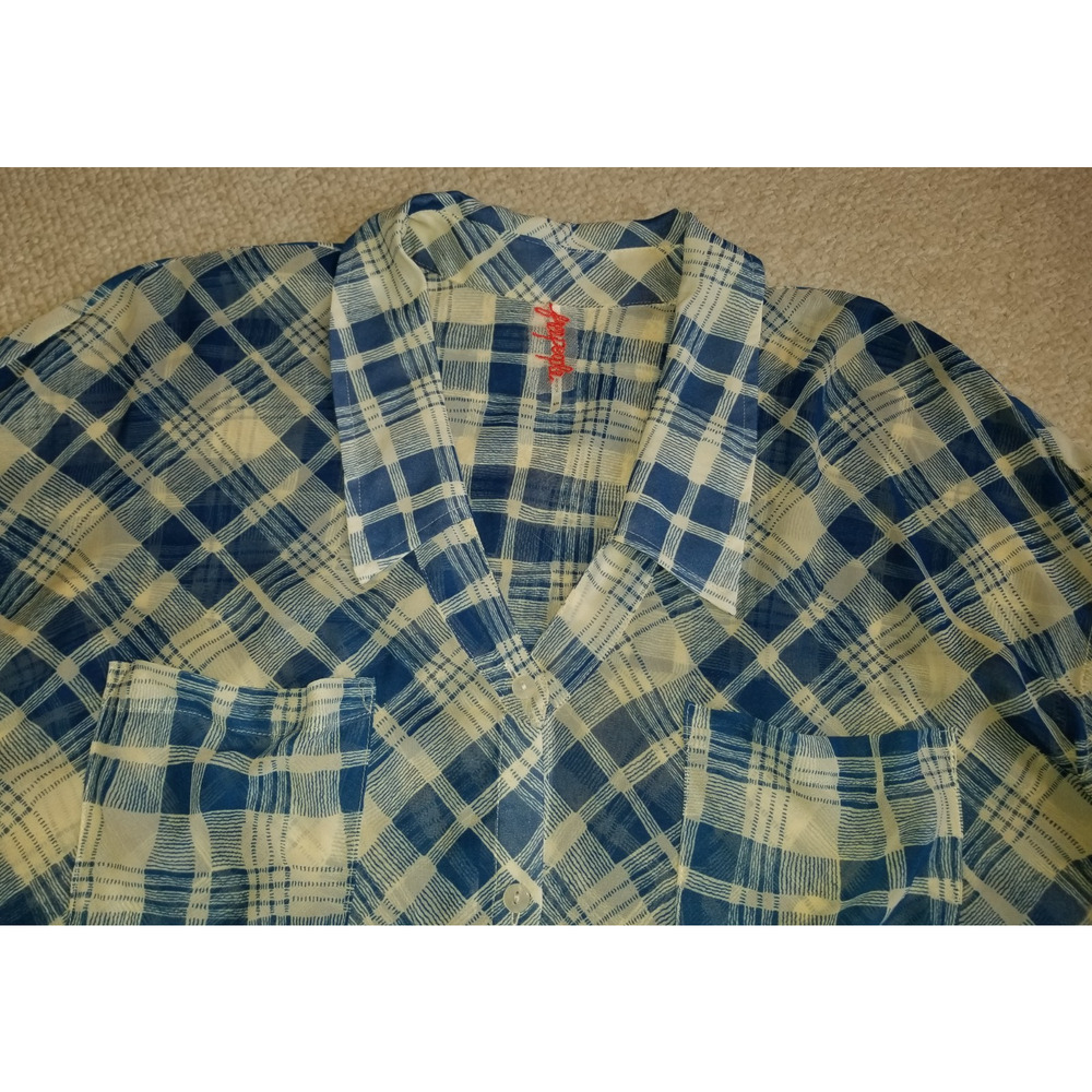 Womens Top-FREE PEOPLE-blue/ivory plaid gingham silky sheer high-low button-up-S - Picture 2 of 6